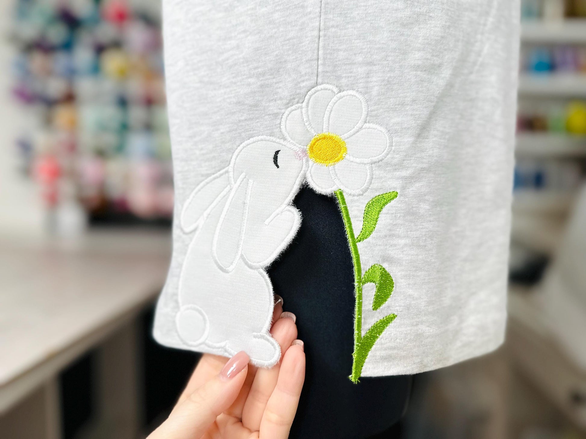 Cute little Easter Bunny with Flower side seam cutout side bow Applique machine embroidery designs