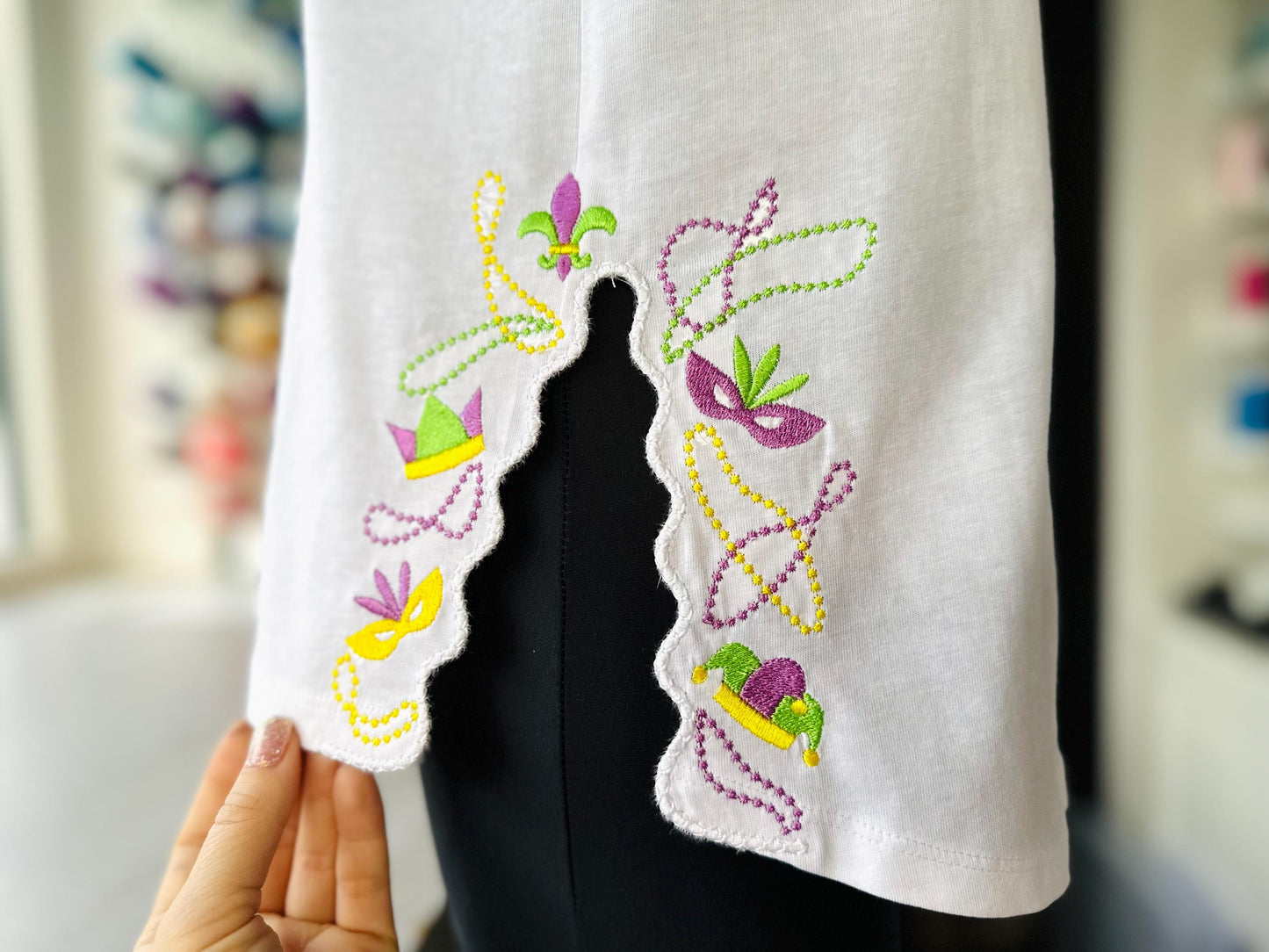 Mardi Gras Carnival split side seam cutout Side Bow machine embroidery designs festive Parade Fat Tuesday t-shirt sweatshirt embroidery