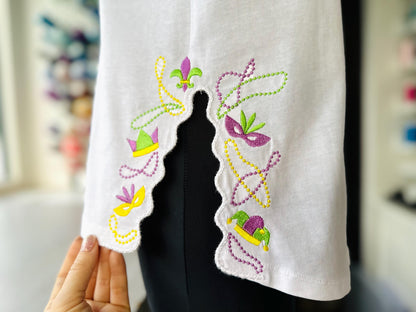 Mardi Gras Carnival split side seam cutout Side Bow machine embroidery designs festive Parade Fat Tuesday t-shirt sweatshirt embroidery