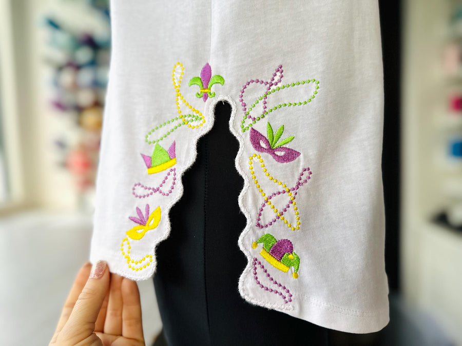 Mardi Gras Carnival split side seam cutout Side Bow machine embroidery designs festive Parade Fat Tuesday t-shirt sweatshirt embroidery