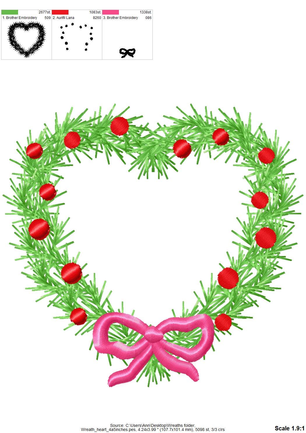 Merry Christmas Heart Wreath with Bow sweet home Holiday decoration with ribbon festive machine embroidery designs sizes 4, 4.5, and 5 inch