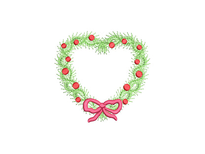 Merry Christmas Heart Wreath with Bow sweet home Holiday decoration with ribbon festive machine embroidery designs sizes 4, 4.5, and 5 inch