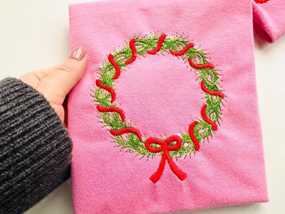 Merry Christmas Wreath with Bow sweet home Holiday decoration with ribbon festive machine embroidery designs sizes 4 up to 5.5 inch