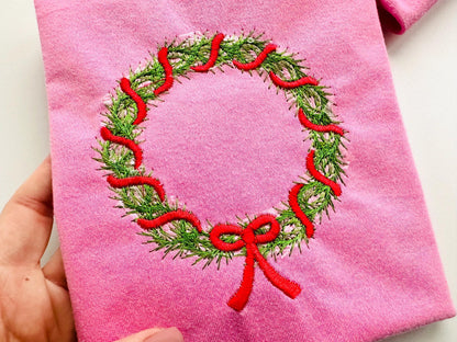 Merry Christmas Wreath with Bow sweet home Holiday decoration with ribbon festive machine embroidery designs sizes 4 up to 5.5 inch