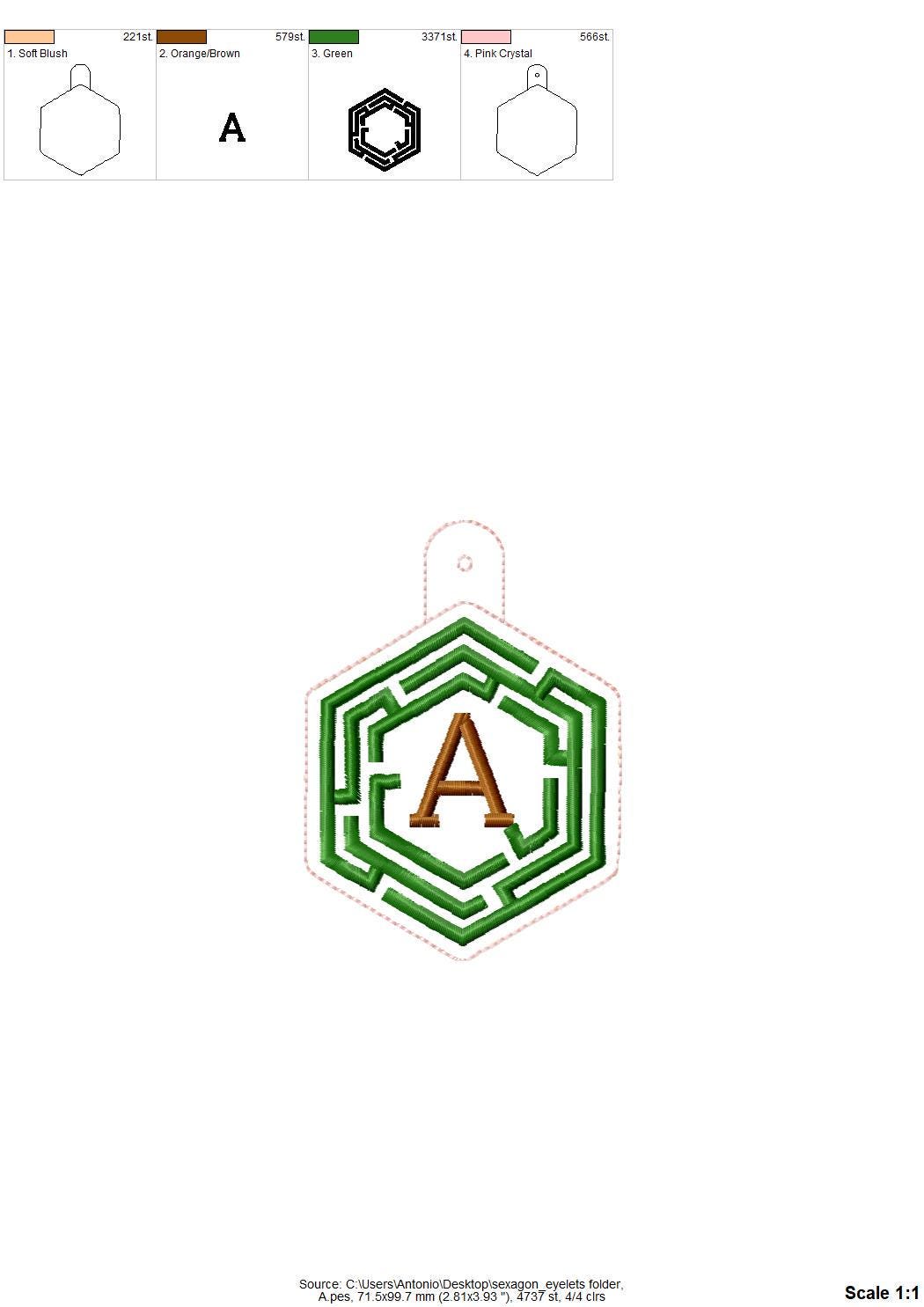 Hexagon Labyrinth frame and initial Monogram Eyelet and Key Fob snap tab in the hoop ITH keychain machine embroidery designs kids gift idea