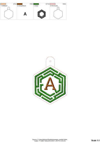 Hexagon Labyrinth frame and initial Monogram Eyelet and Key Fob snap tab in the hoop ITH keychain machine embroidery designs kids gift idea