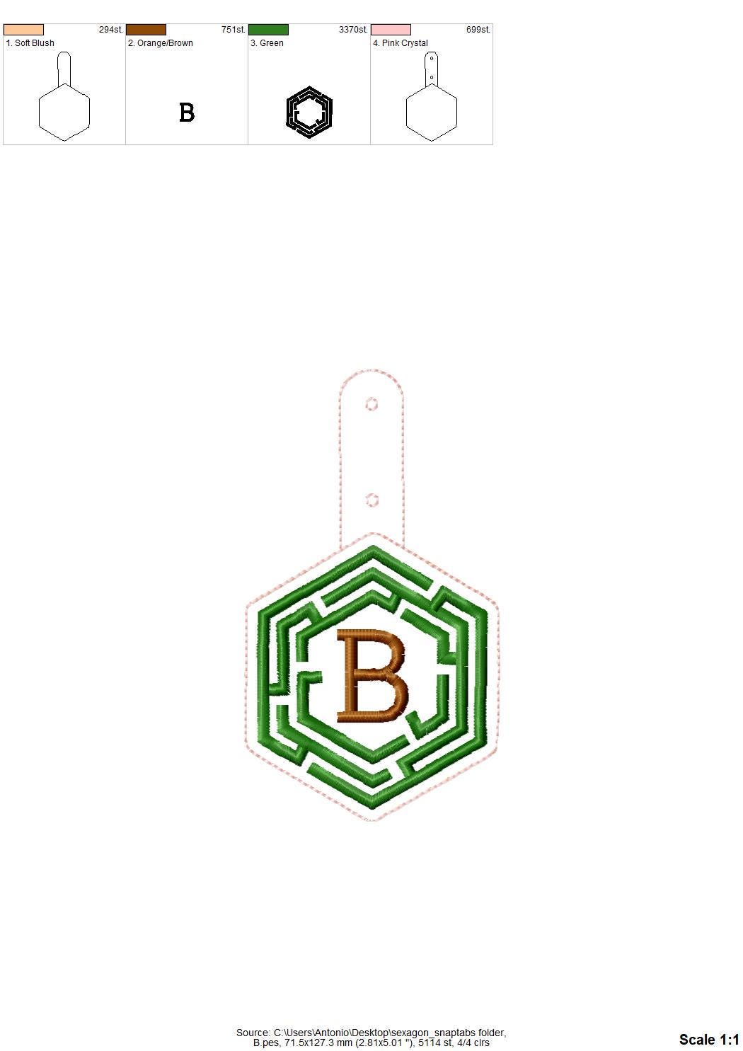 Hexagon Labyrinth frame and initial Monogram Eyelet and Key Fob snap tab in the hoop ITH keychain machine embroidery designs kids gift idea