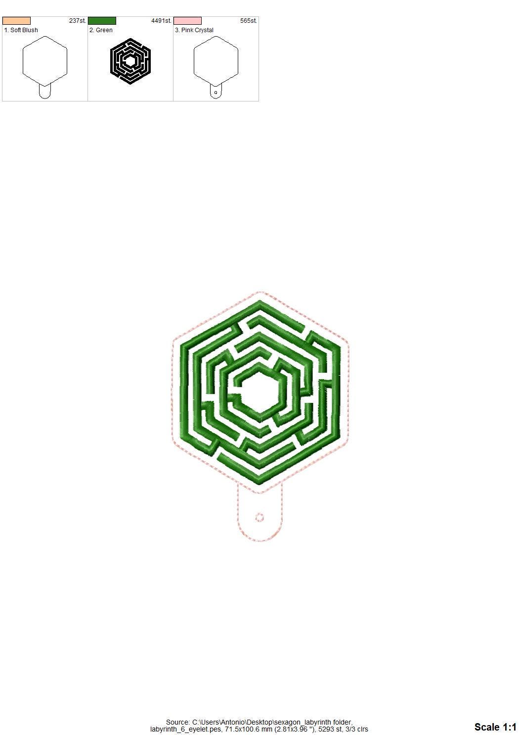 Hexagon Labyrinth frame and initial Monogram Eyelet and Key Fob snap tab in the hoop ITH keychain machine embroidery designs kids gift idea