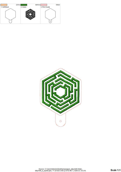 Hexagon Labyrinth frame and initial Monogram Eyelet and Key Fob snap tab in the hoop ITH keychain machine embroidery designs kids gift idea
