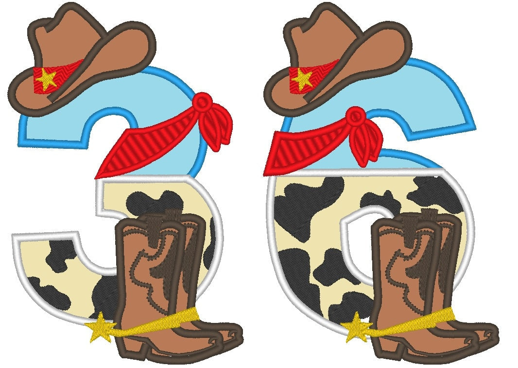Cowboy Hat and Boots Birthday Numbers Applique Embroidery 5" 7" | PES DST JEF | Artapli