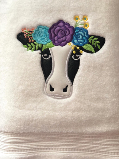 Floral Cow face with rose flower crown Farm animal Applique machine embroidery designs