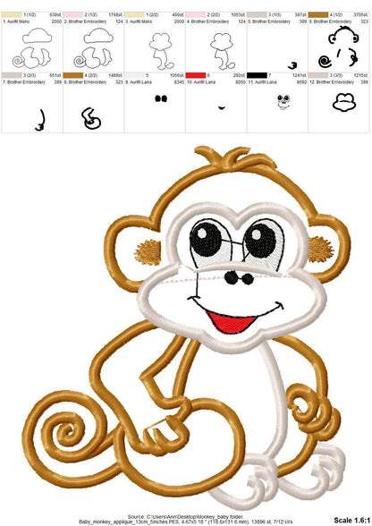 Wild animal Monkey baby Applique machine embroidery designs
