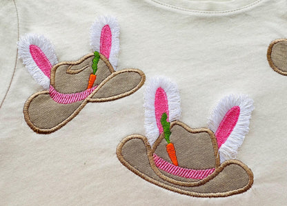 Easter Bunny Cowboy Hat Fringed Fluffy Bunny Ears Kids Girls Boys Cute Applique