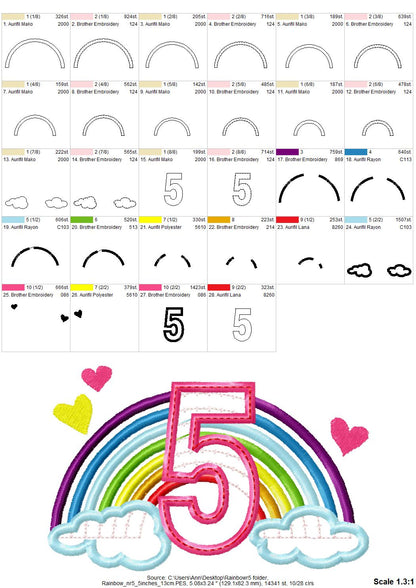 Rainbow in clouds Birthday Number 5 Five applique machine embroidery designs