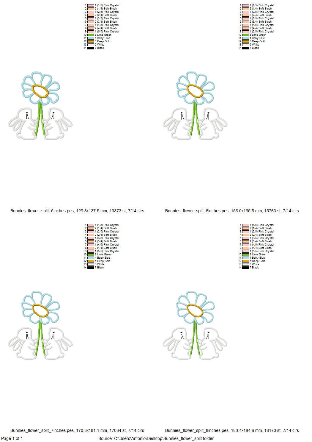 Cute little Easter Bunnies with Flower side split seam cutout side bow Applique machine embroidery design