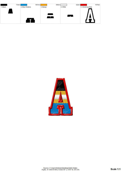 Sports Varsity Collegiate type FONT fill stitch and outline striped alphabet