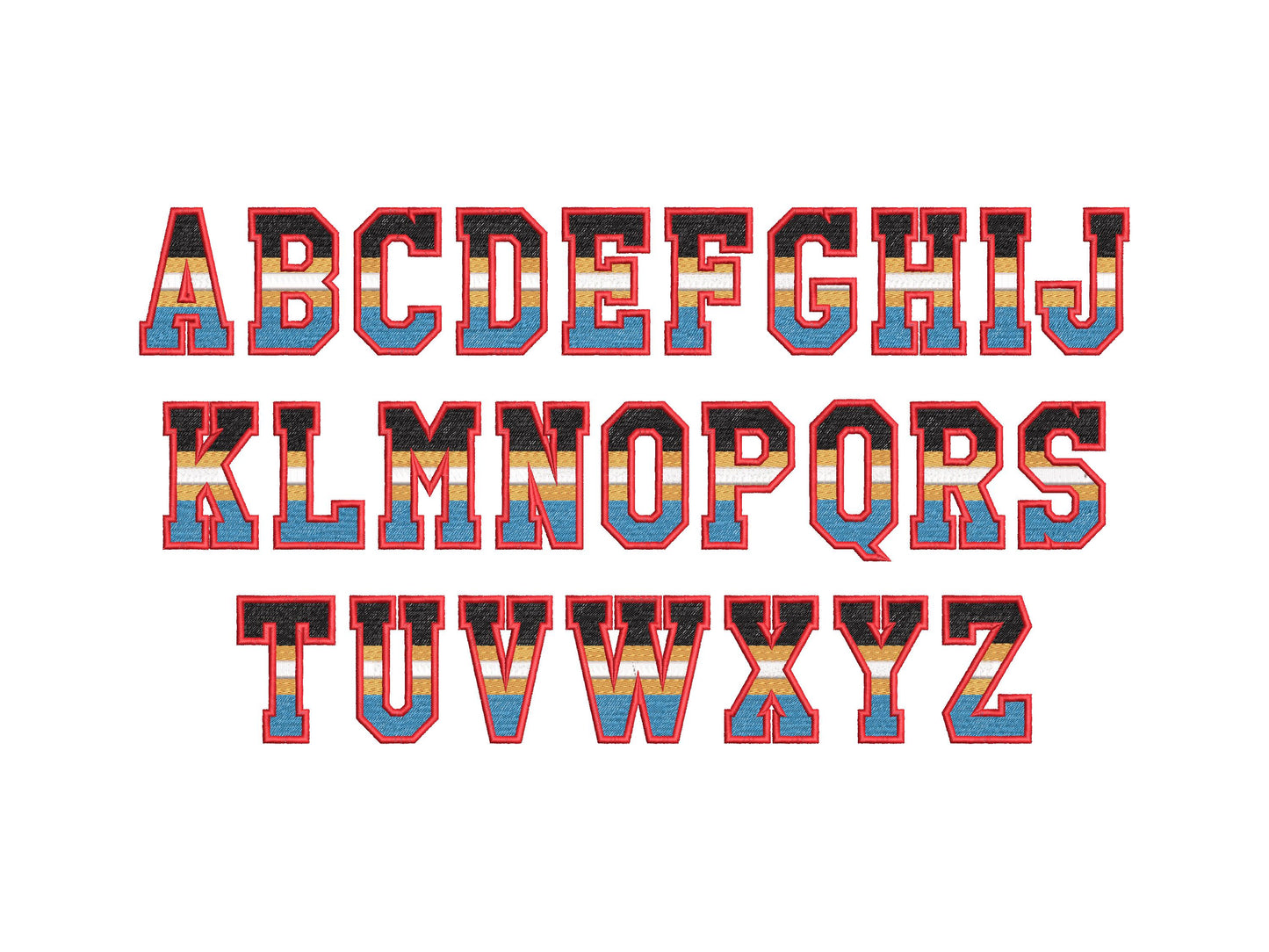 Sports Varsity Collegiate type FONT fill stitch and outline striped alphabet