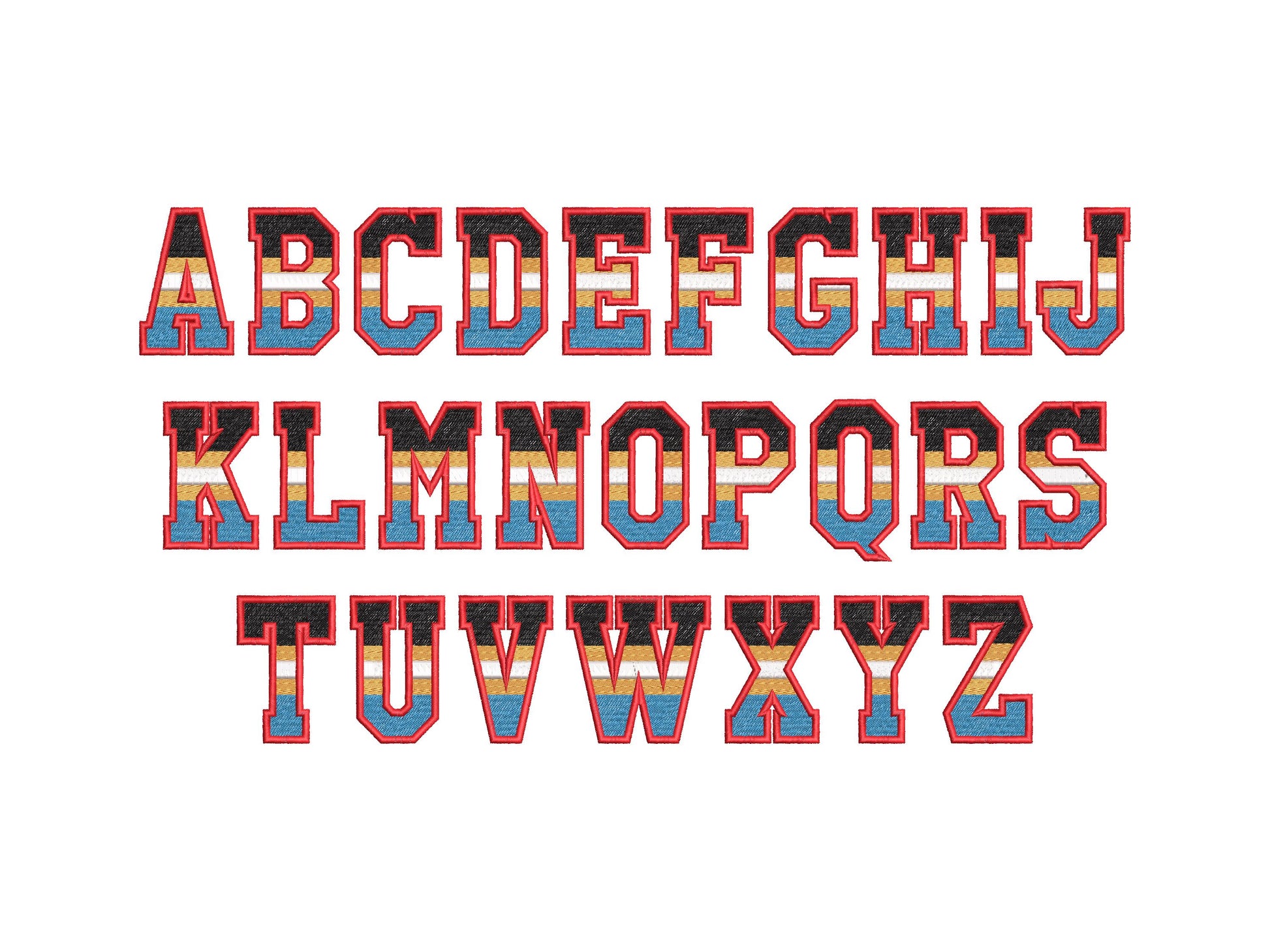Sports Varsity Collegiate type FONT fill stitch and outline striped alphabet
