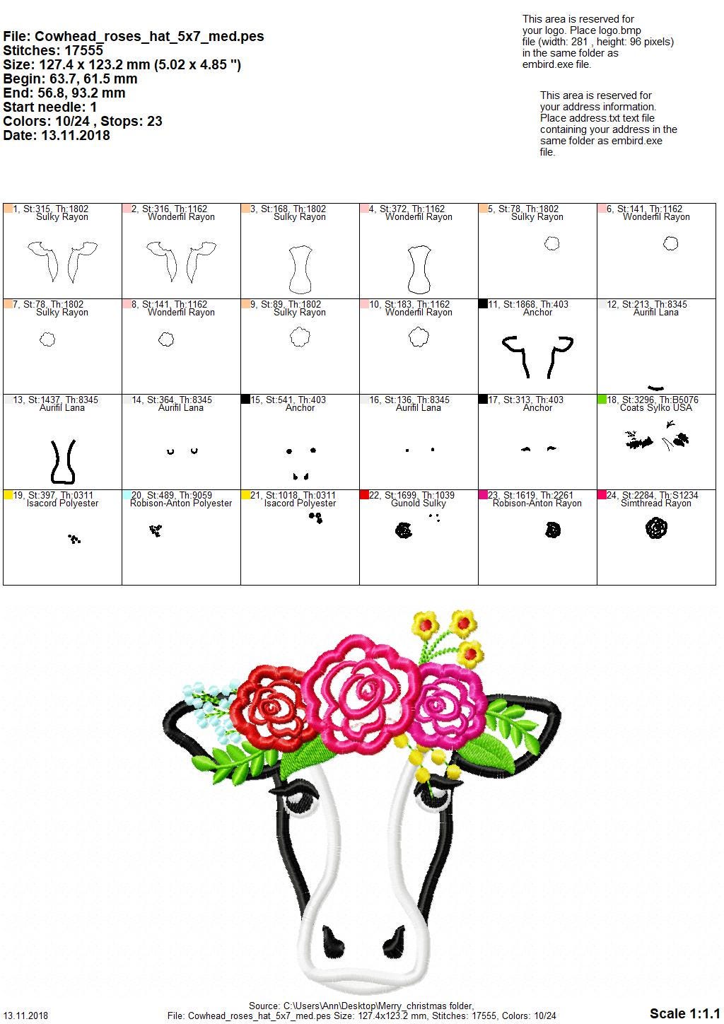 Floral Cow face with rose flower crown Farm animal Applique machine embroidery designs