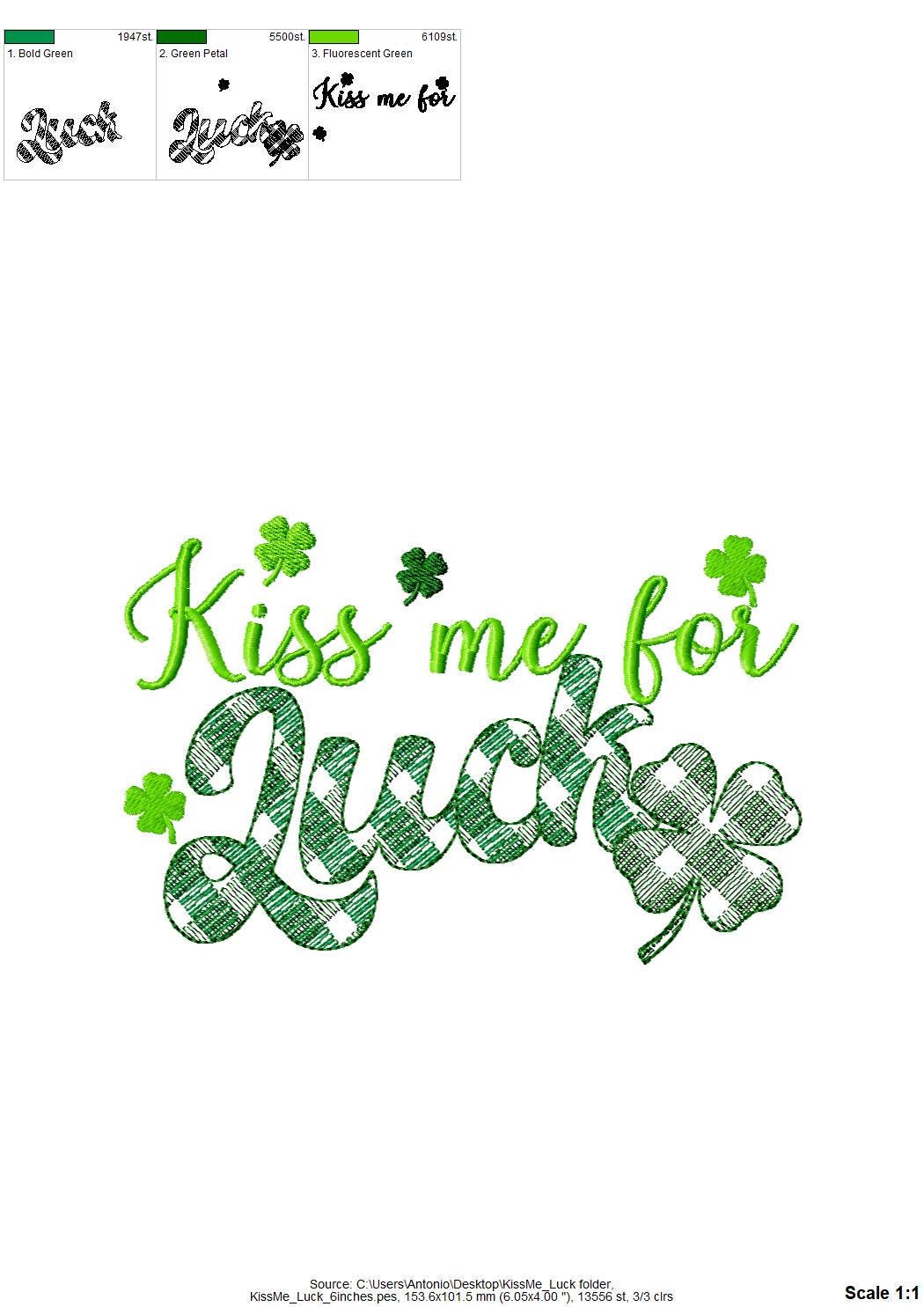 Kiss me for Luck St Patricks Day Saying – Saying digital embroidery pattern by Artapli