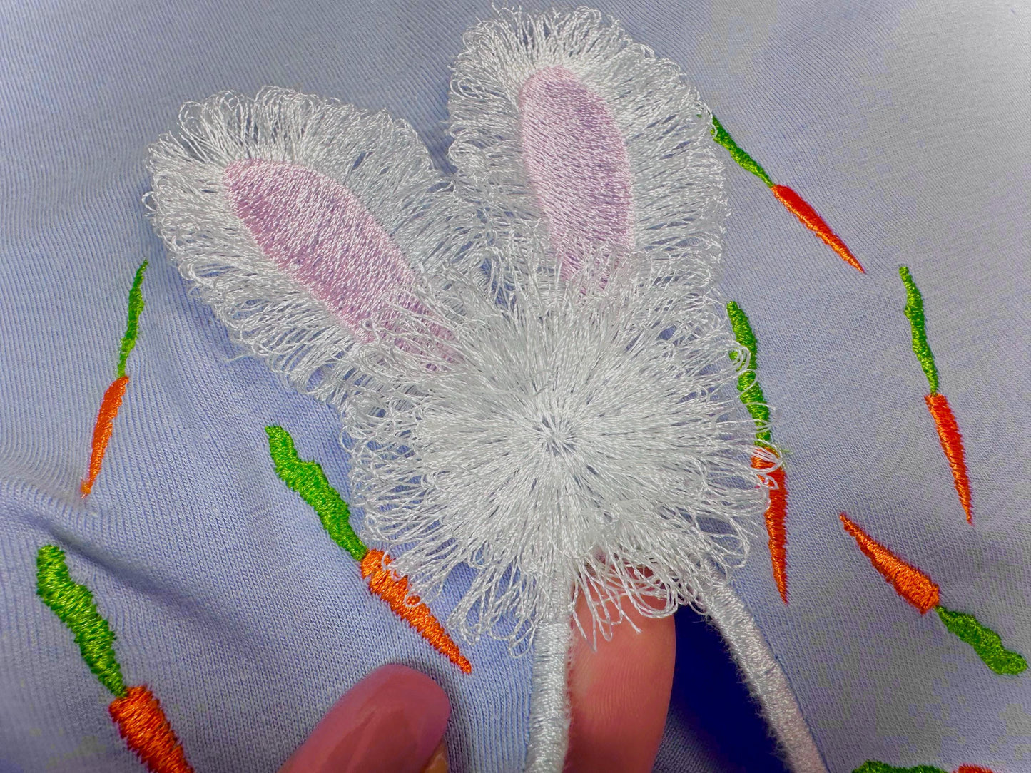 Easter Bunny Carrot Fringed Fluffy Bunny Ears Split Side Seam Cutout Side Bow Machine Embroidery Design