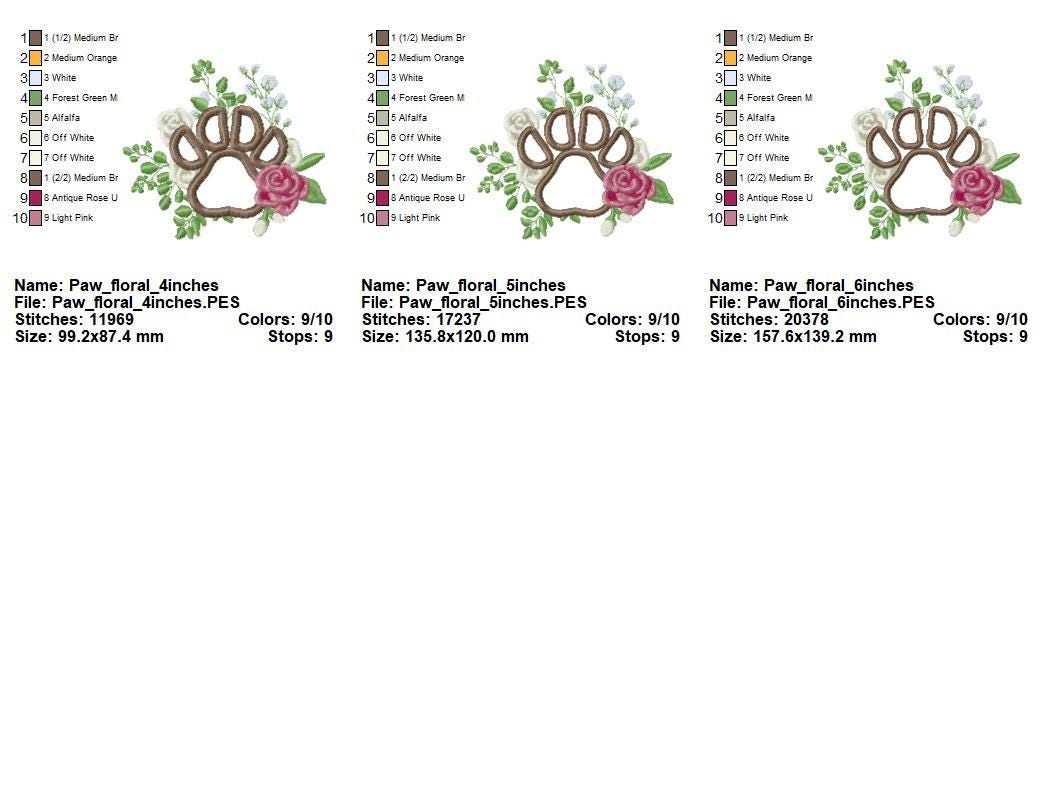 Floral Puppy Paw Applique Rose bouquet garden flower pet Dog Paw machine embroidery designs assorted sizes 4, 5, 6 inches for hoop 4x4, 5x7