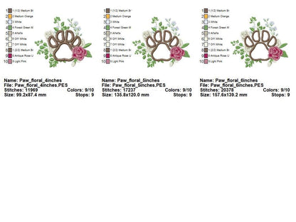 Floral Puppy Paw Applique Rose bouquet garden flower pet Dog Paw machine embroidery designs assorted sizes 4, 5, 6 inches for hoop 4x4, 5x7