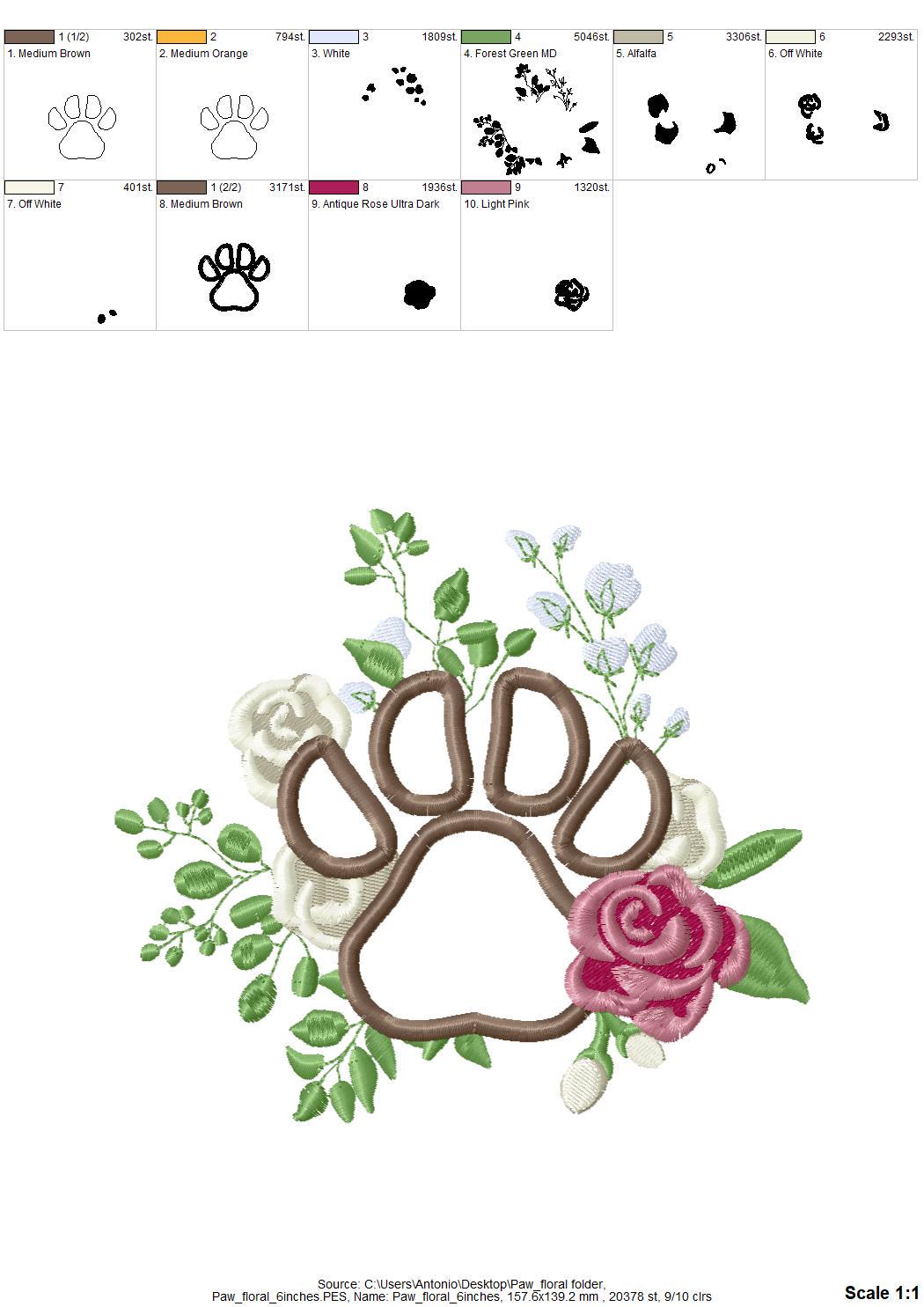 Floral Puppy Paw Applique Rose bouquet garden flower pet Dog Paw machine embroidery designs assorted sizes 4, 5, 6 inches for hoop 4x4, 5x7