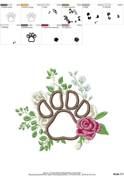 Floral Puppy Paw Applique Rose bouquet garden flower pet Dog Paw machine embroidery designs assorted sizes 4, 5, 6 inches for hoop 4x4, 5x7