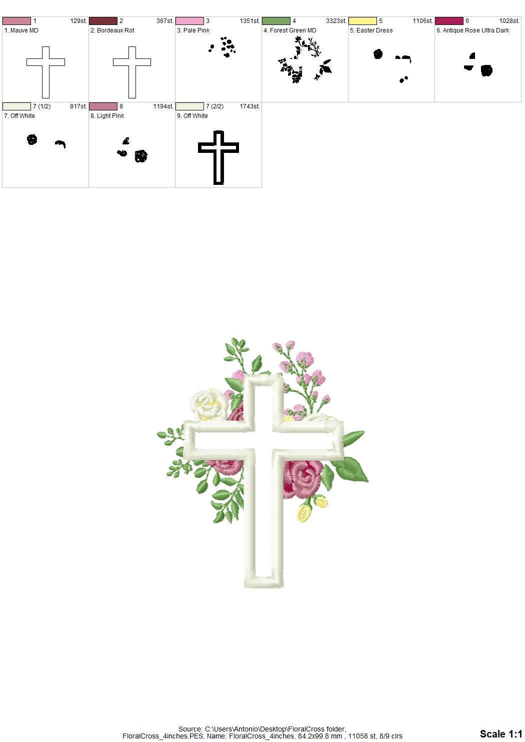 Rose Floral Cross Applique – Floral embroidery design instant download by Artapli