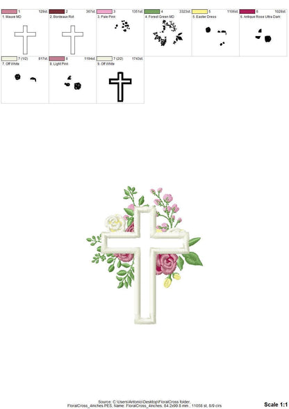 Rose Floral Cross Applique – Floral embroidery design instant download by Artapli