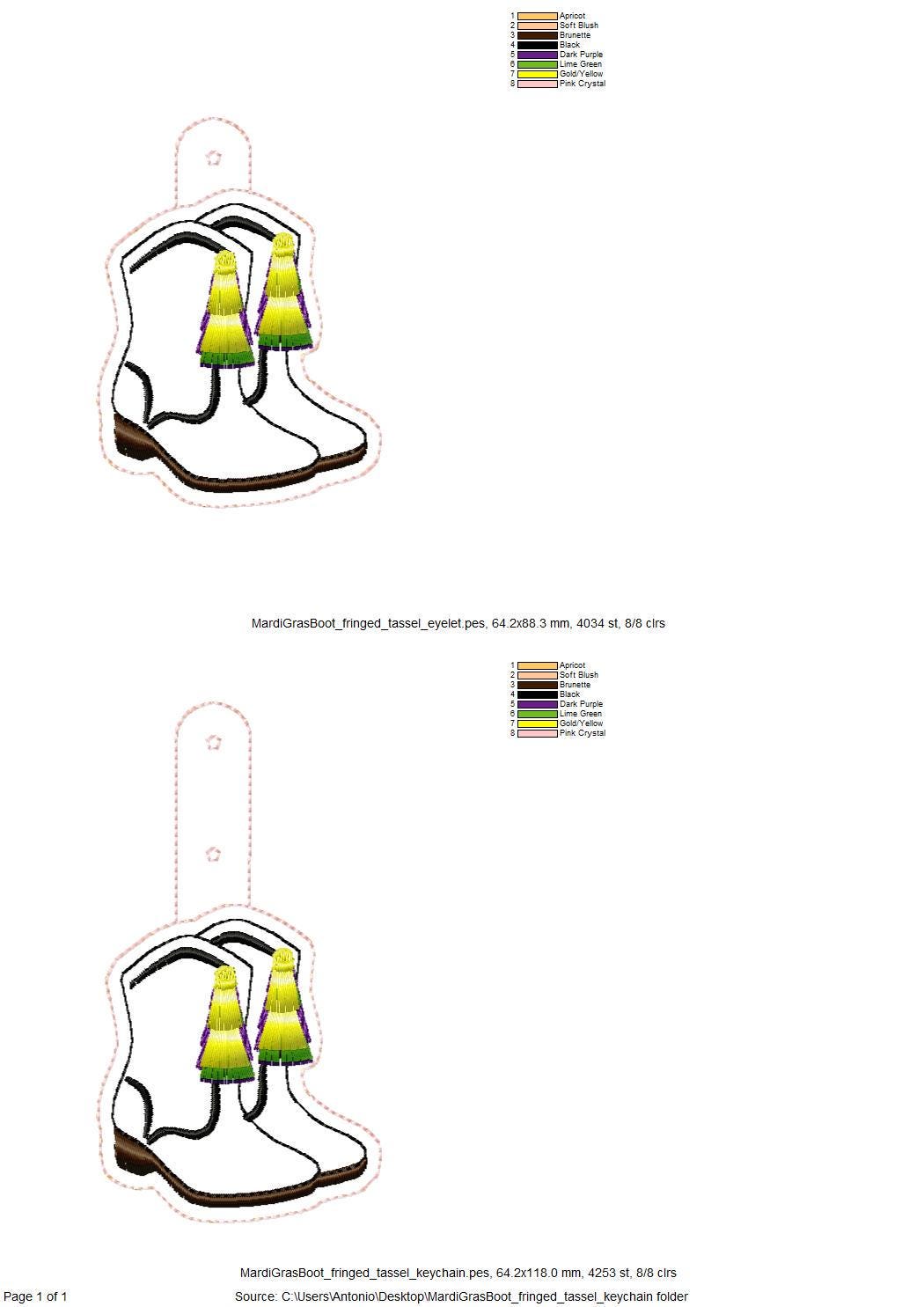 Mardi Gras festive Boots fringed tassels Eyelet and Key Fob Snap Tab keychain in the hoop machine embroidery design