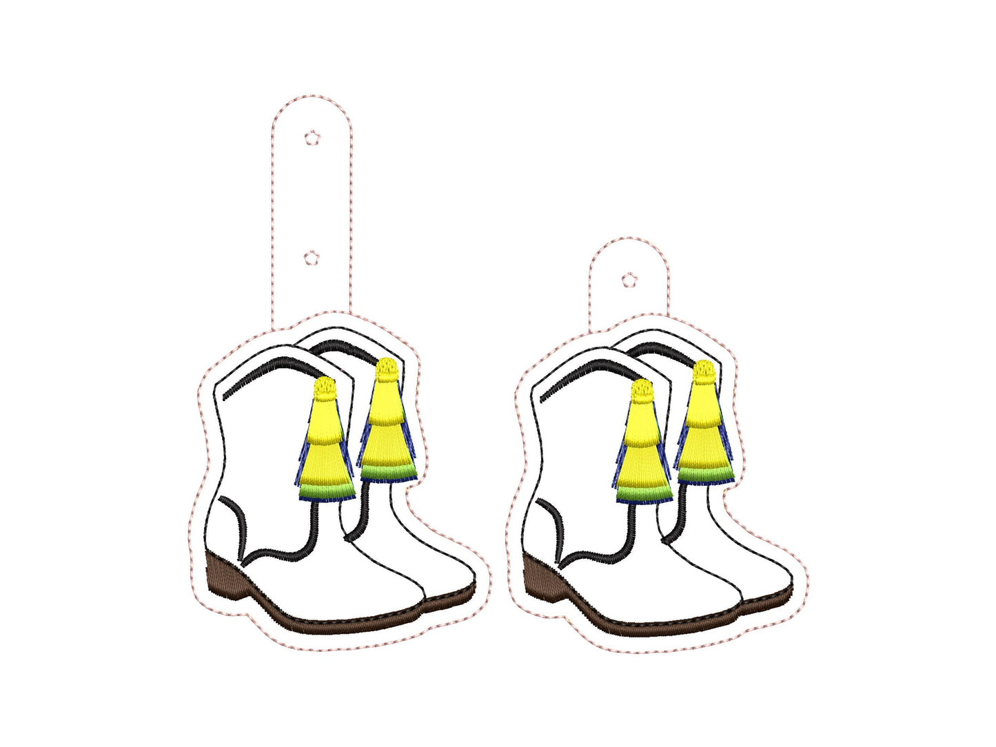 Mardi Gras festive Boots fringed tassels Eyelet and Key Fob Snap Tab keychain in the hoop machine embroidery design