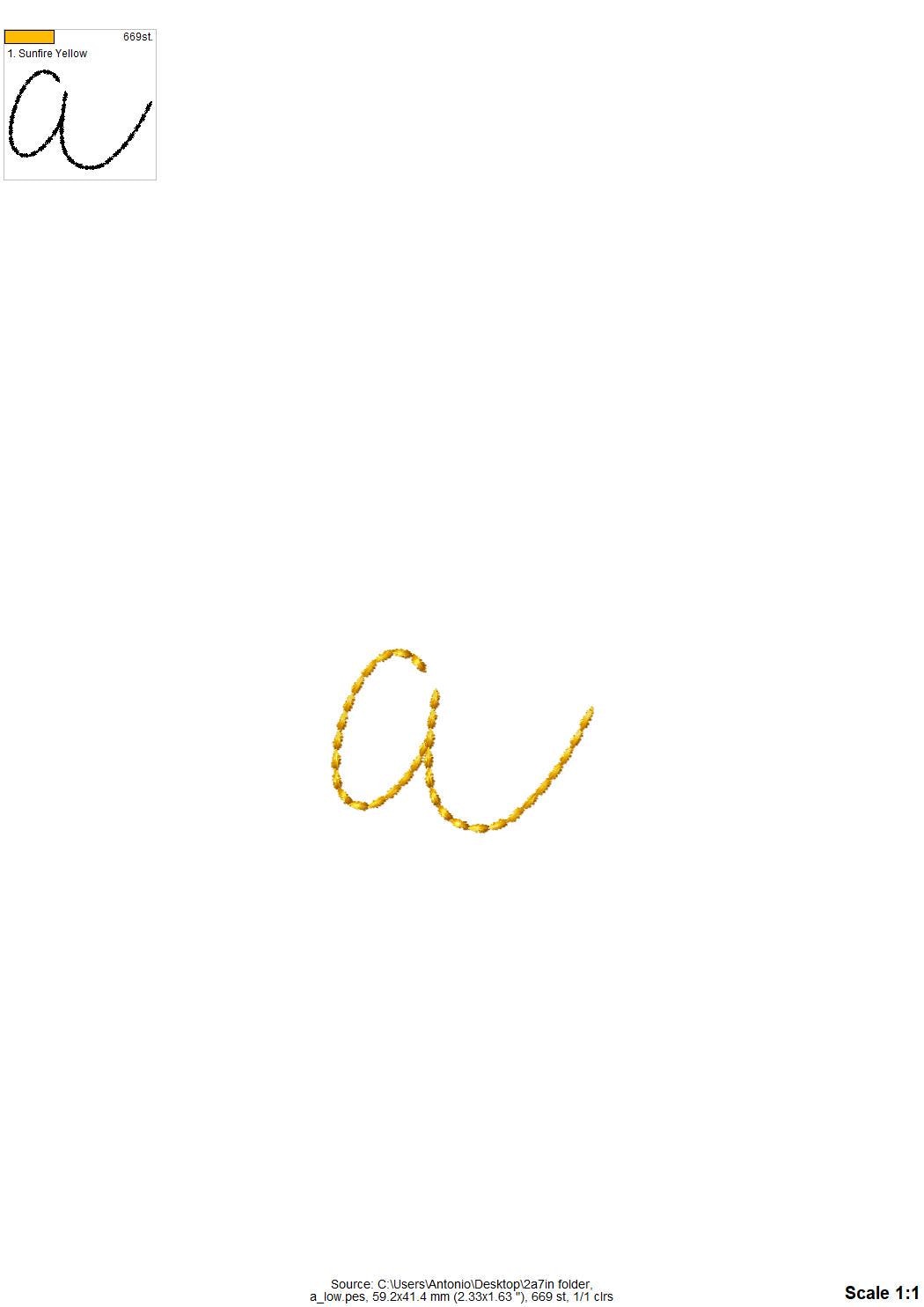 Hand stitch effect FONT Tala machine embroidery designs assorted sizes handwritten script font alphabet letters kids baby seed stitch