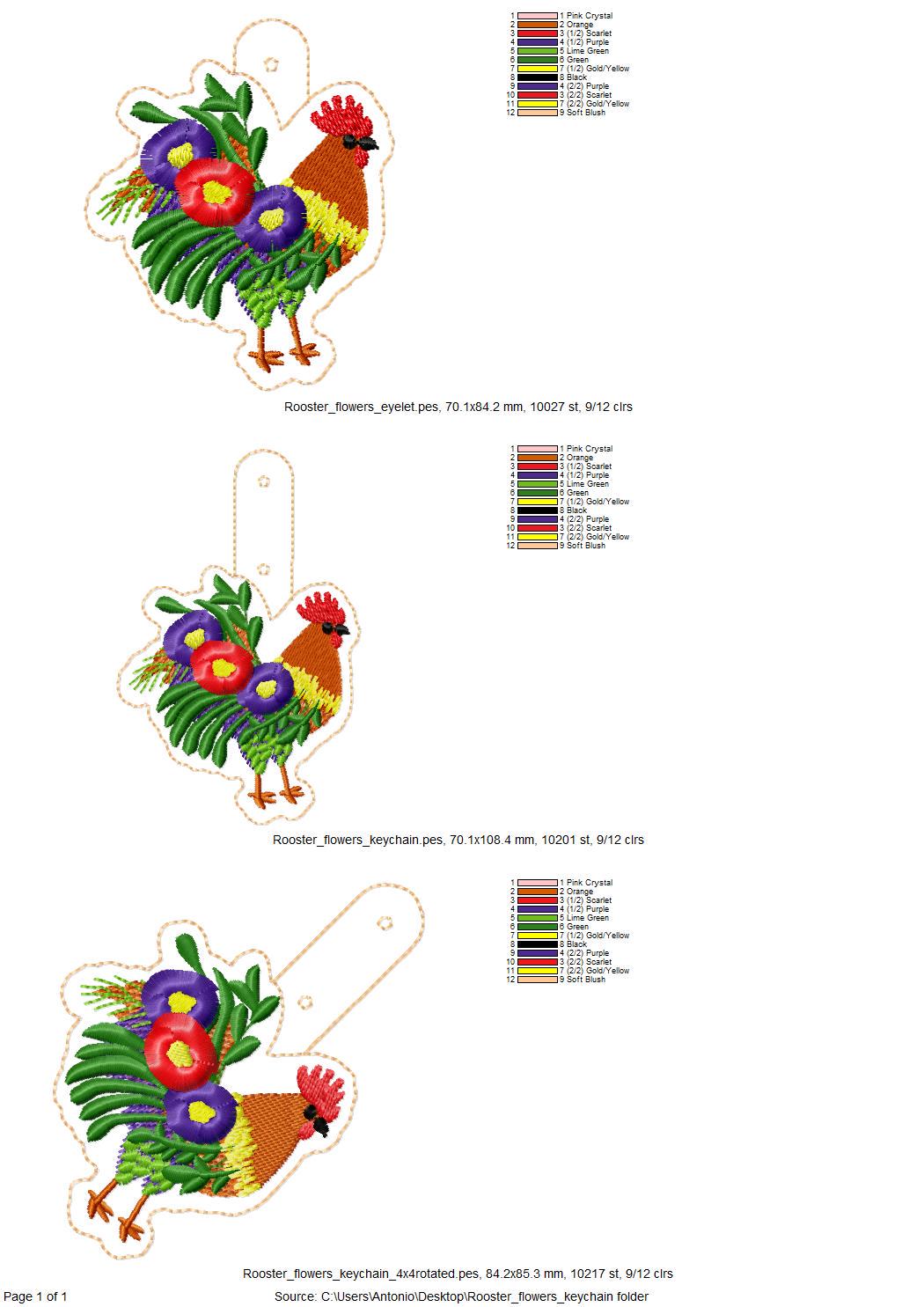 Floral Rooster Eyelet and Key Fob Snap Tab fringed fluffy keychain in the hoop ITH machine embroidery design