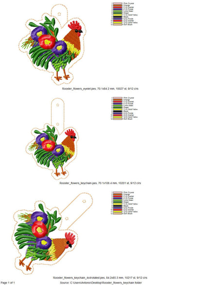 Floral Rooster Eyelet and Key Fob Snap Tab fringed fluffy keychain in the hoop ITH machine embroidery design