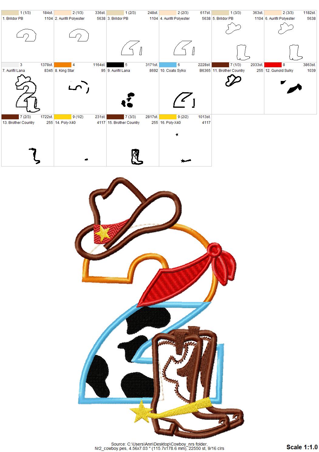 Cowboy Hat and Boots Birthday Numbers – Appliqué machine embroidery design by Artapli