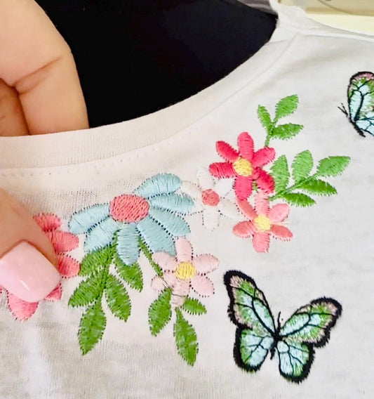Awesome Floral Neckline Flower and Butterfly machine embroidery designs summer fall outfit t-shirt sweatshirt design sizes 4.5 up to 6in