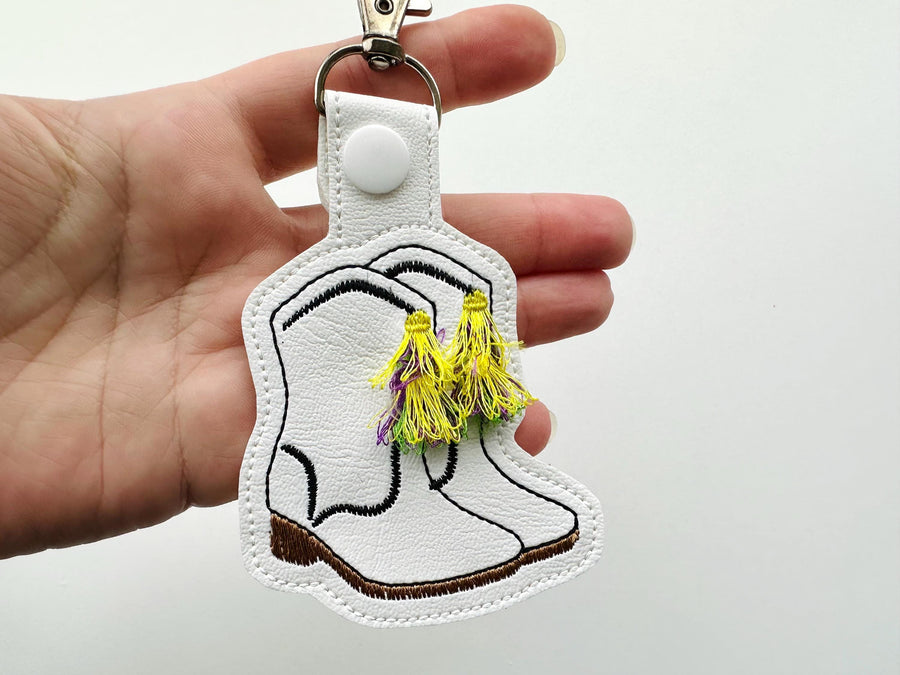 Mardi Gras festive Boots fringed tassels Eyelet and Key Fob Snap Tab keychain in the hoop machine embroidery design