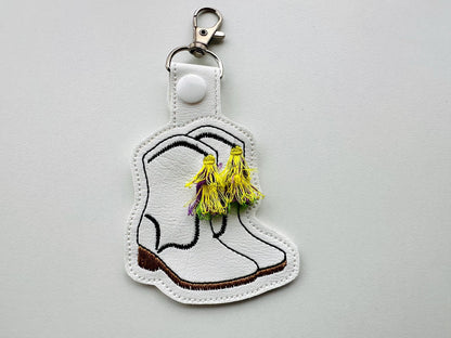 Mardi Gras festive Boots fringed tassels Eyelet and Key Fob Snap Tab keychain in the hoop machine embroidery design