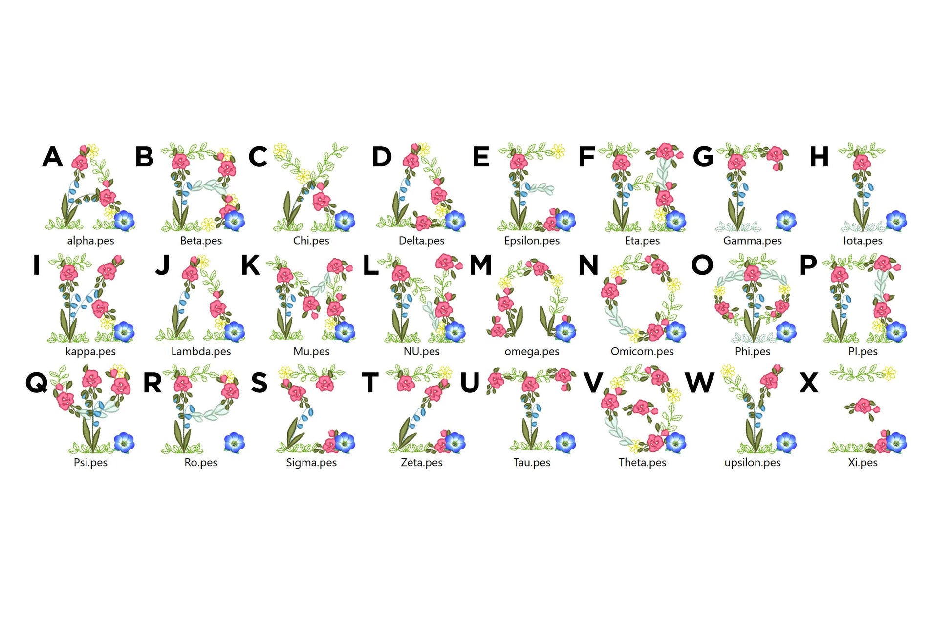 Small Fraternities & Sororities Floral Greek Font Whole Entire Alphabet Liberty Fashioned Flowers Machine Embroidery Designs