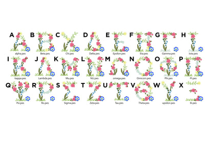 Small Fraternities & Sororities Floral Greek Font Whole Entire Alphabet Liberty Fashioned Flowers Machine Embroidery Designs