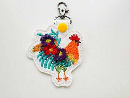 Floral Rooster Eyelet and Key Fob Snap Tab fringed fluffy keychain in the hoop ITH machine embroidery design