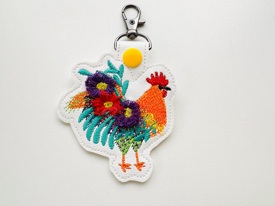 Floral Rooster Eyelet and Key Fob Snap Tab fringed fluffy keychain in the hoop ITH machine embroidery design