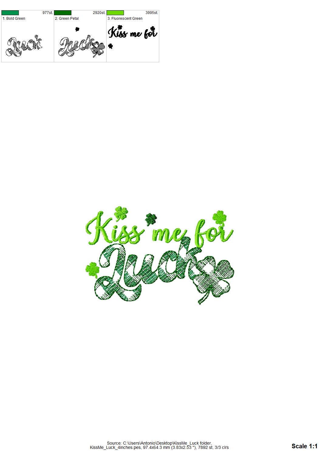 Kiss me for Luck St Patricks Day Saying – Kiss machine embroidery pattern by Artapli