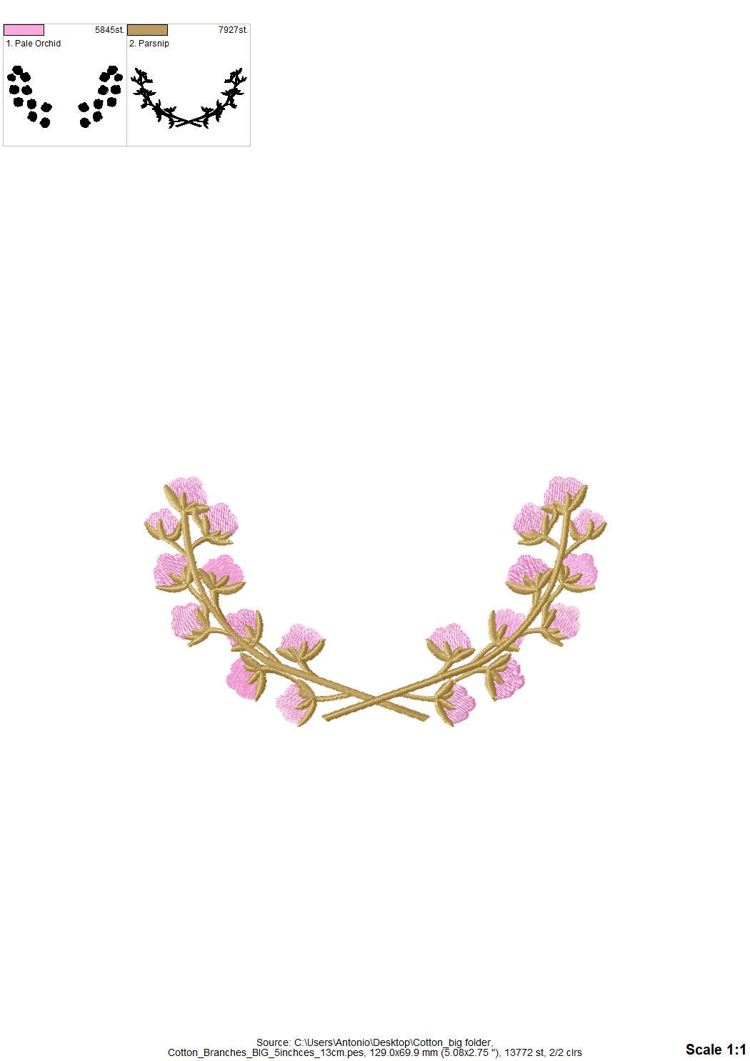 Cotton Branch floral wreath Monogram floral frame fill stitch machine embroidery designs 