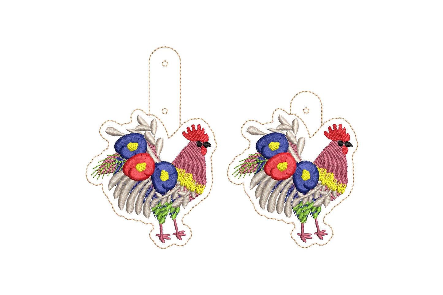 Floral Rooster Eyelet and Key Fob Snap Tab fringed fluffy keychain in the hoop ITH machine embroidery design