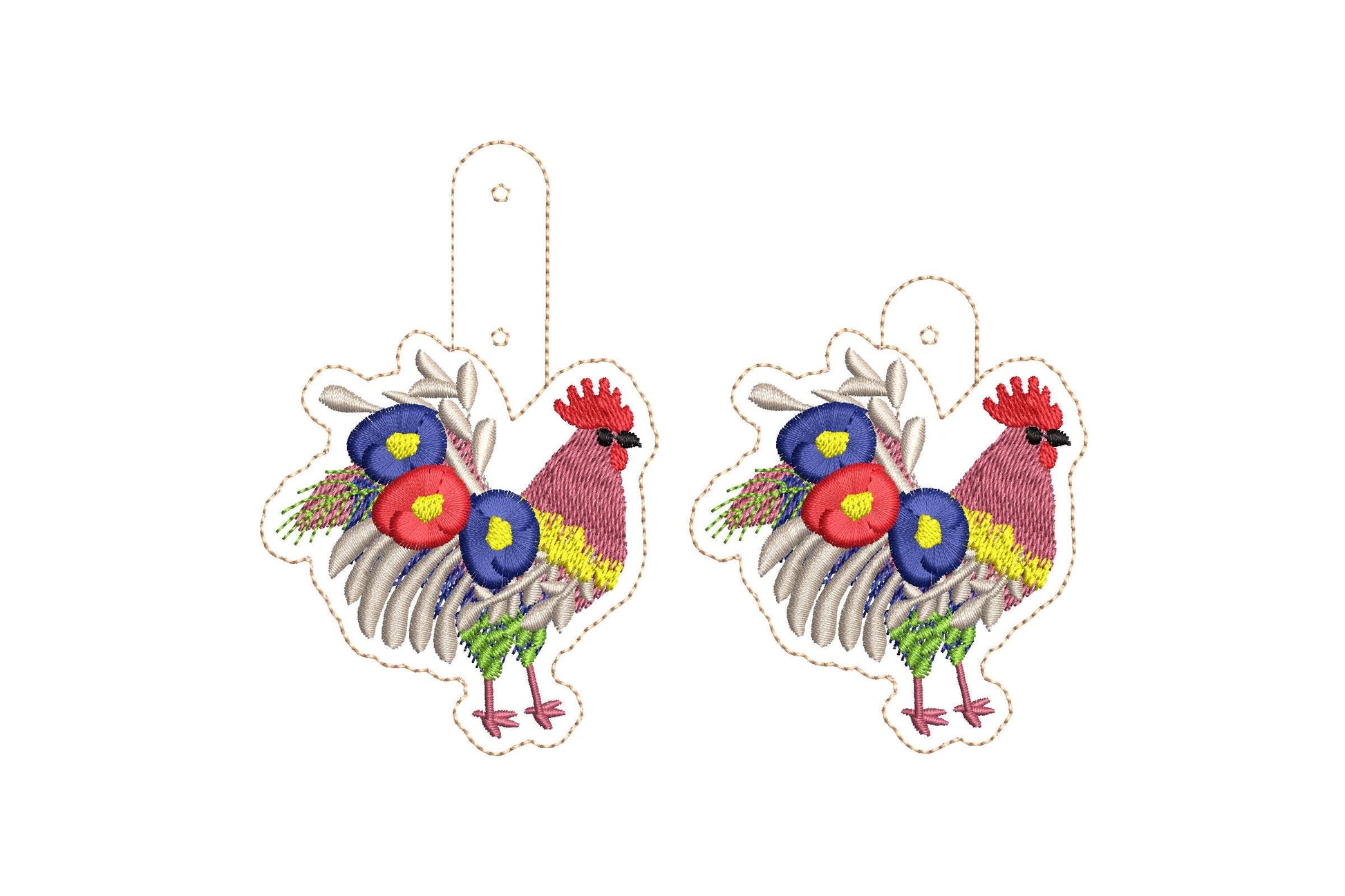 Floral Rooster Eyelet and Key Fob Snap Tab fringed fluffy keychain in the hoop ITH machine embroidery design