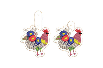 Floral Rooster Eyelet and Key Fob Snap Tab fringed fluffy keychain in the hoop ITH machine embroidery design