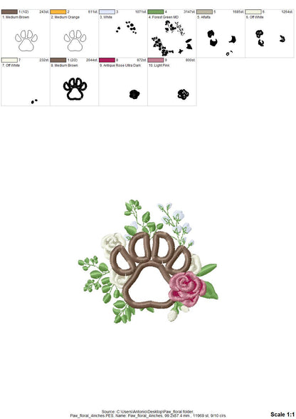 Floral Puppy Paw Applique Rose bouquet garden flower pet Dog Paw machine embroidery designs assorted sizes 4, 5, 6 inches for hoop 4x4, 5x7